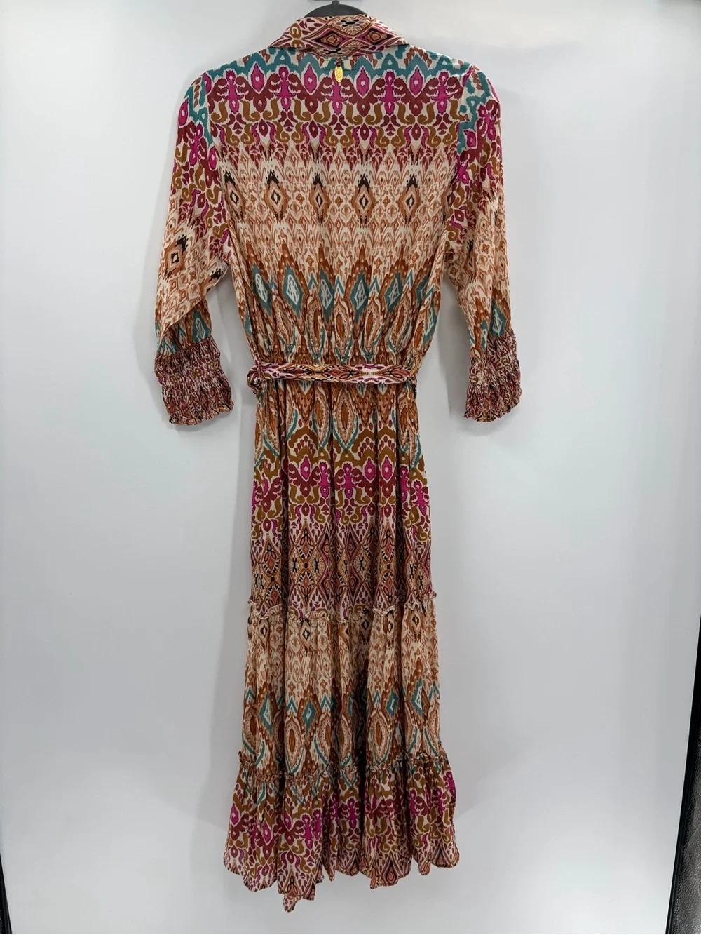Ruby Yaya Boho Ikat Print Midi Shirt Dress Pink Orange Tiered Belted Festival xs